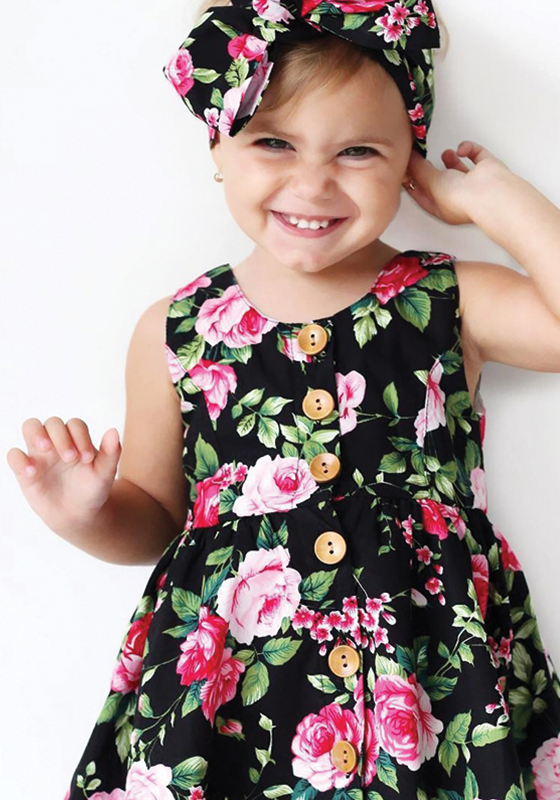 Floral Pattern Dress With Bowknot Headband Floral Pattern Dress With Bowknot Headband
