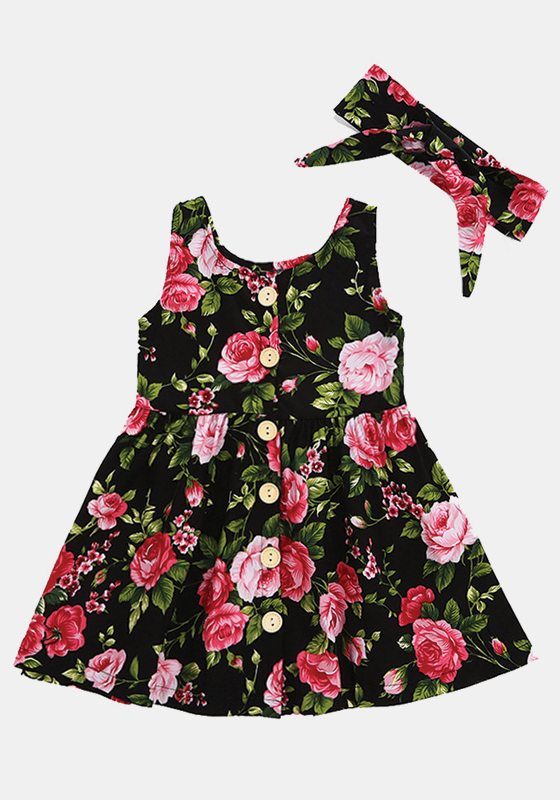 Floral Pattern Dress With Bowknot Headband Floral Pattern Dress With Bowknot Headband