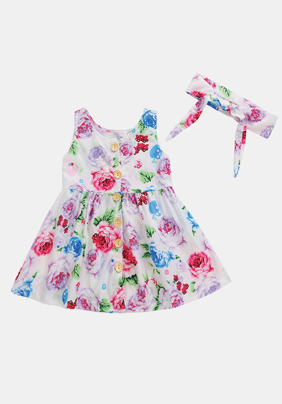 Floral Pattern Dress With Bowknot Headband Floral Pattern Dress With Bowknot Headband