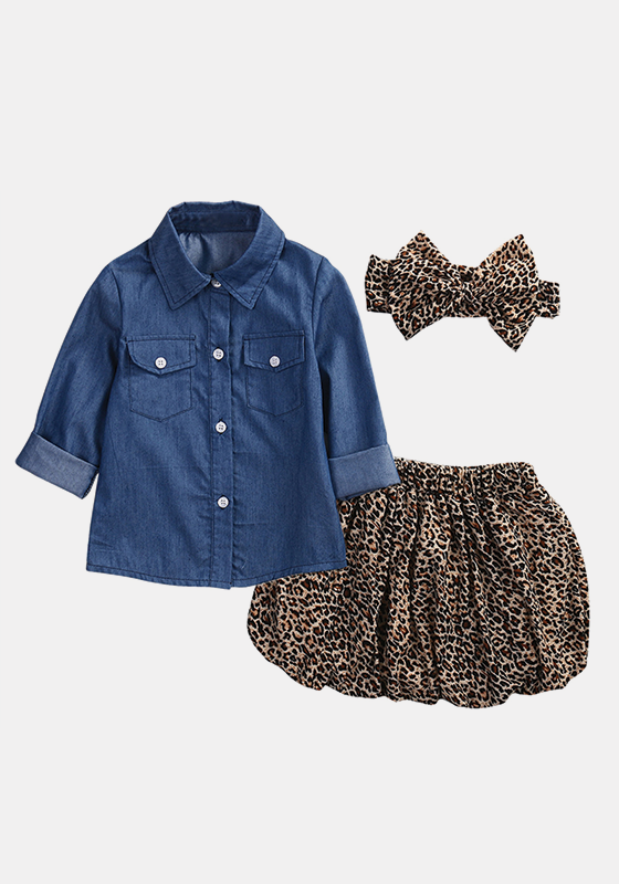 3Pcs Denim Top & Leopard skirt & head flower 3Pcs Denim Top & Leopard skirt & head flower