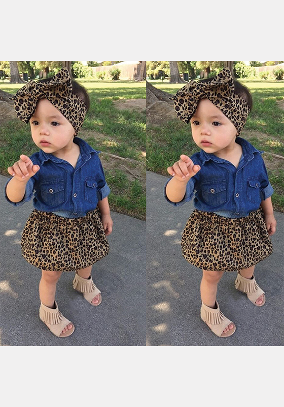 3Pcs Denim Top & Leopard skirt & head flower 3Pcs Denim Top & Leopard skirt & head flower