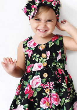 Floral Pattern Dress With Bowknot Headband