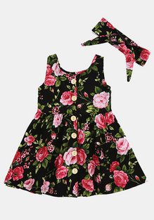 Floral Pattern Dress With Bowknot Headband