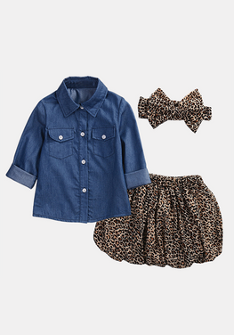 3Pcs Denim Top & Leopard skirt & head flower