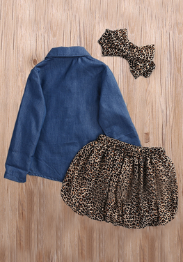 3Pcs Denim Top & Leopard skirt & head flower